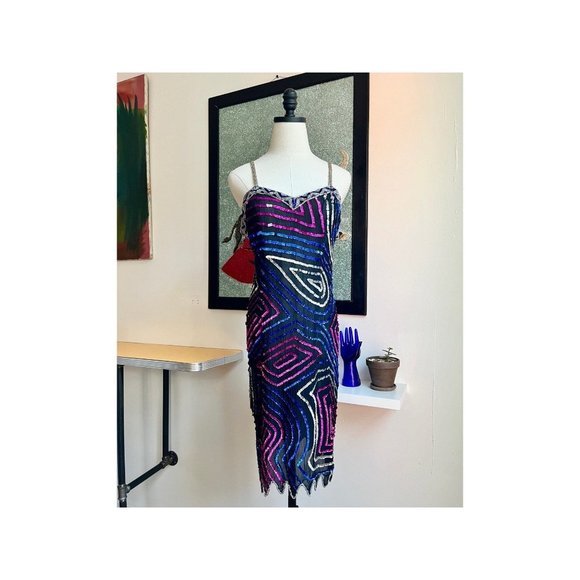 Vintage 1990s Cache beaded Sequin Slip Dress | Silk Bias Cut Party Dress - Picture 1 of 7